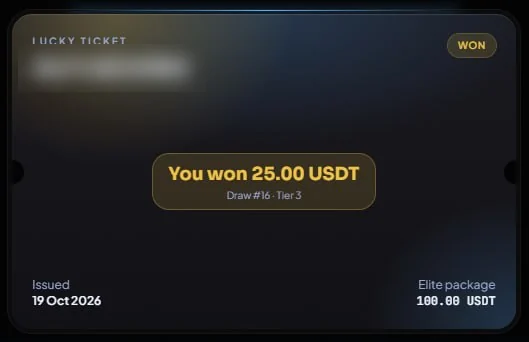 MTG's own Lucky Ticket card showing WON 25.00 USDT in Draw 16, ticket ID hidden